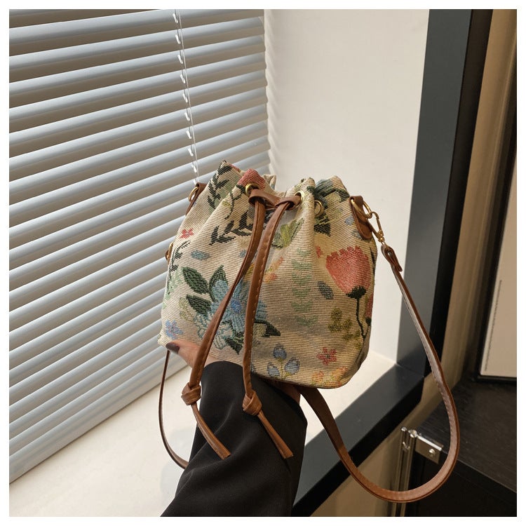 Autumn Style Personalized Casual Popular Single Shoulder Ethnic Style Crossbody Drawstring Bucket Bag Women'S Retro - Image 1